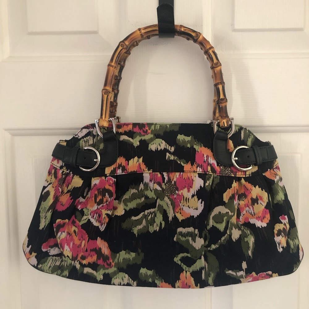 Talbots Floral Tapestry Purse Bag Bamboo Handles